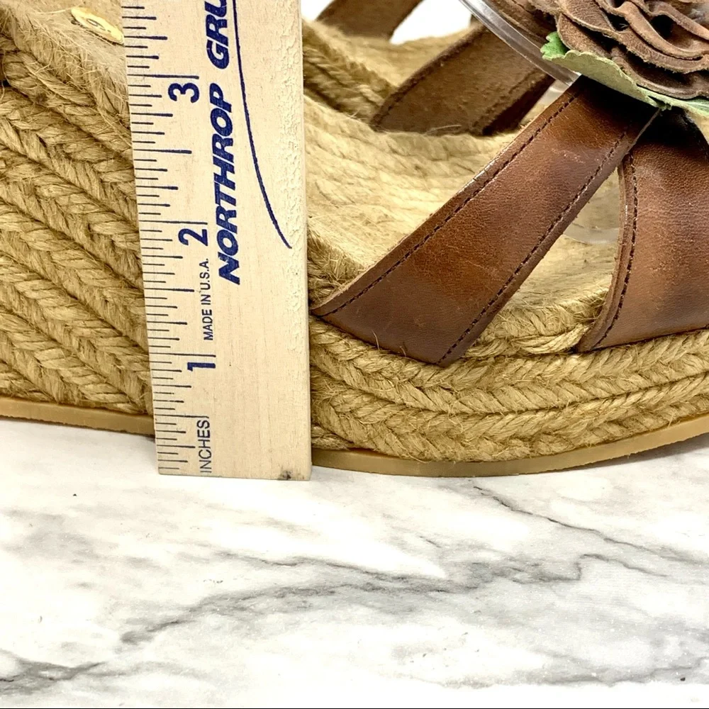Andrea Assous Brown Leather Flower T-Strap Espadrille Wedges 9 Cottagecore
